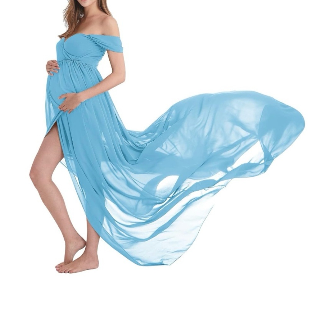 Blue Maternity Off Shoulder Chiffon Photo Gown Split Front Maxi Dress Small